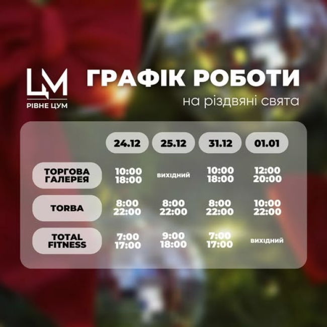 Графік роботи ТЦ ЦУМ на різдвяні свята